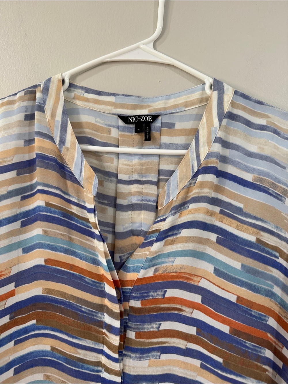 Nic + Zoe Blue, Brown Orange Striped V-Neck longline Tunic blouse boho chic - Picture 2 of 7